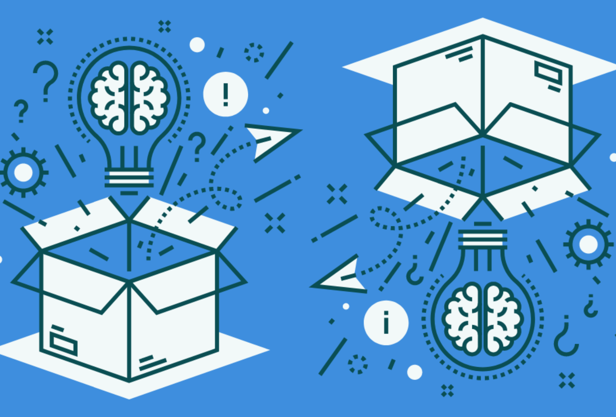 graphic of open boxes with lightbulbs and brains popping out