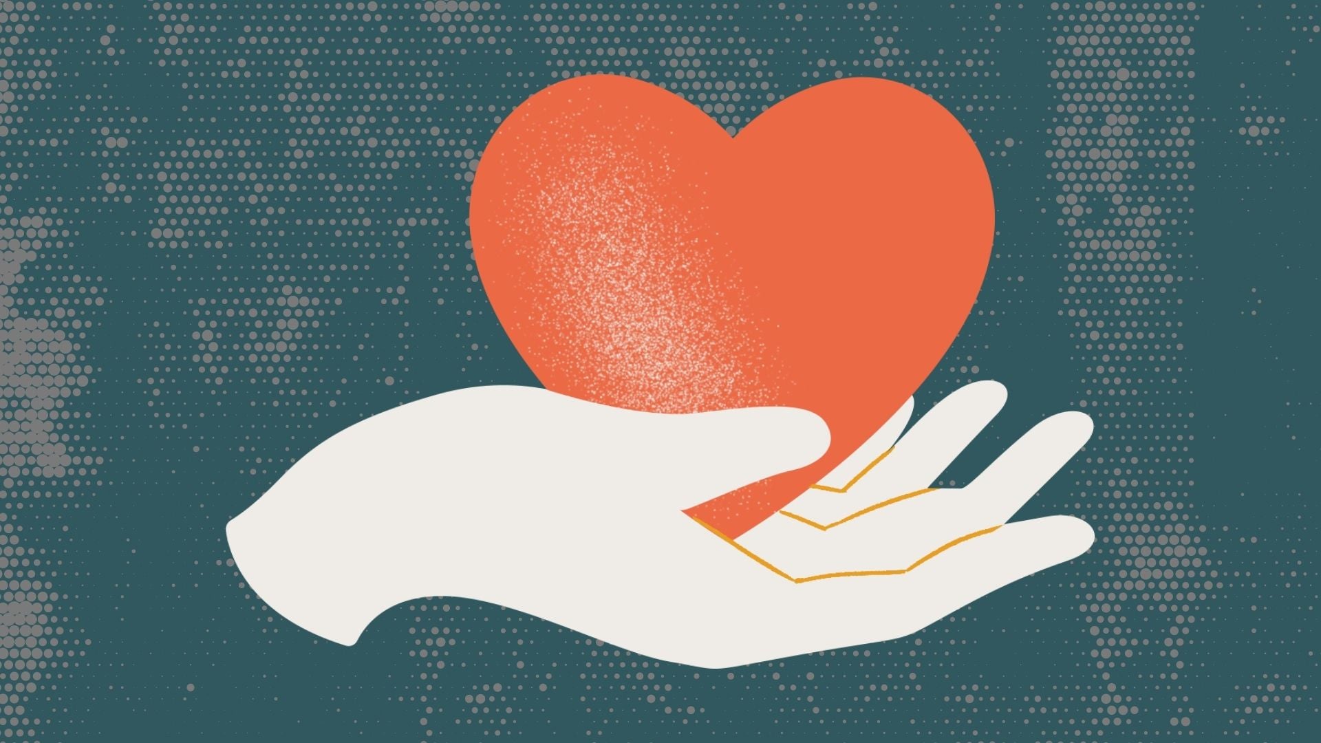 An illustration of a hand holding a heart on a patterned background